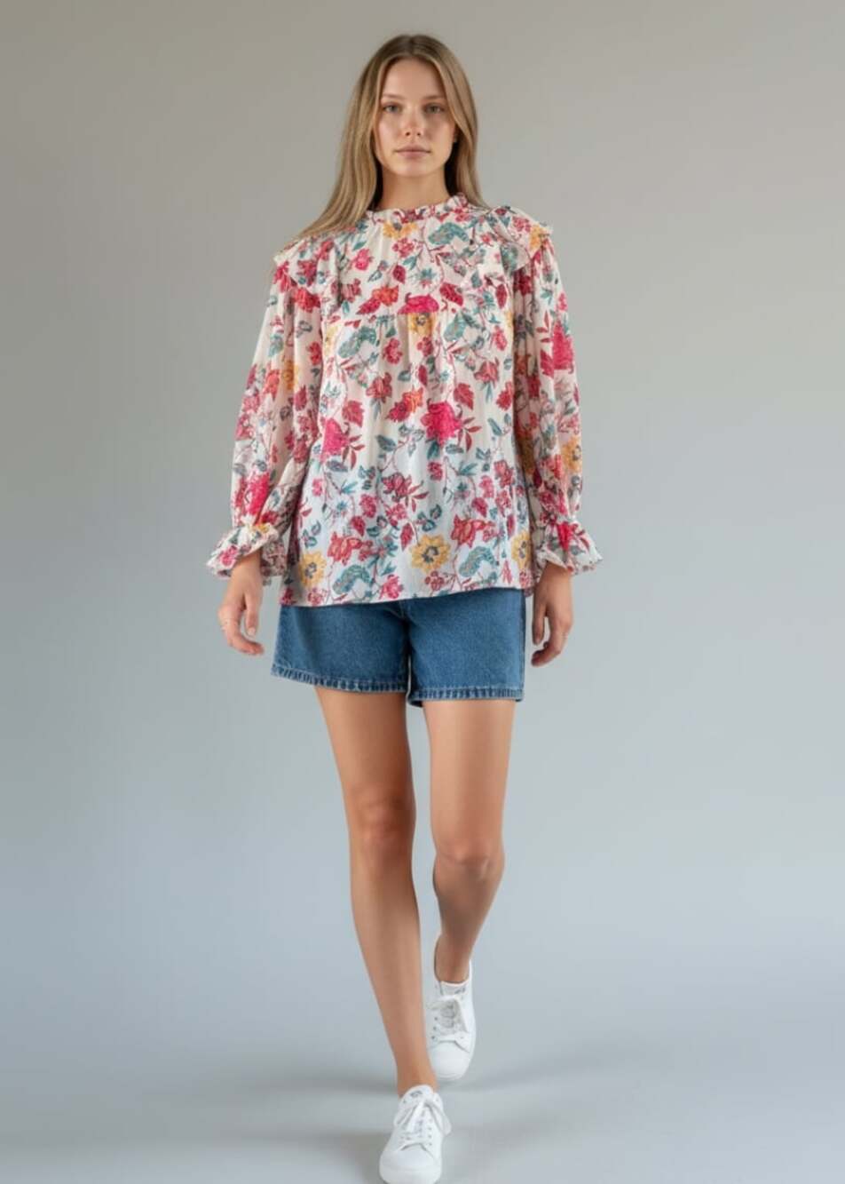 Flying tomato floral ruffle mock neck blouse